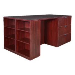 Legacy Stand Up Desk/ 3 Lateral File Quad With Bookcase End- Mahogany