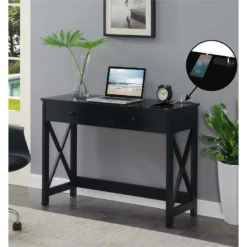 Convenience Concepts Oxford 42-Inch Desk With Charging Station In Black Wood -CYMAX Sales 2025234 2 L