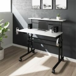 Techni Mobili Engineered Wood Adjustable Desktop/Shelves Writing Desk - White -CYMAX Sales 2104358 11 L