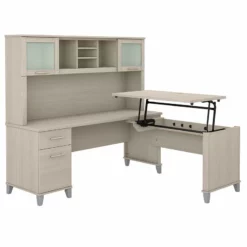 Bush Furniture Somerset 72W Sit Stand L Desk With Hutch In Maple Cross -CYMAX Sales 2108937 L