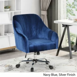 Noble House Channeled Glam Velvet Home Office Swivel Chair In Navy Blue -CYMAX Sales 2119852 2 L