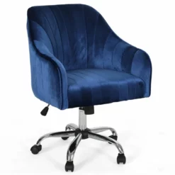 Noble House Channeled Glam Velvet Home Office Swivel Chair In Navy Blue