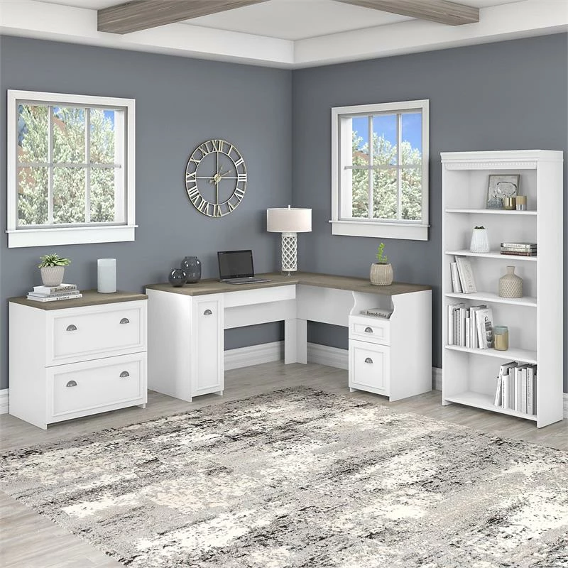 Fairview L Desk With File Cabinet And Bookcase In White/Gray - Engineered Wood 4 Fairview L Desk With File Cabinet And Bookcase In White/Gray - Engineered Wood - Image 2