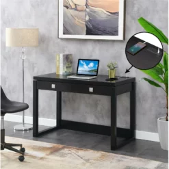 Convenience Concepts Newport Two-Drawer Desk With Charging Station In Black Wood