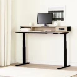Adjustable Height Standing Desk With Built In Power Bar-Soft Elm And Black
