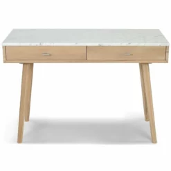 Viola 44" Rectangular Italian Carrara White Marble Writing Desk With Oak Legs