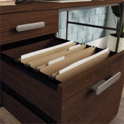 Sauder Radial Engineered Wood Writing Desk In Umber Wood/Brown 19 Sauder Radial Engineered Wood Writing Desk In Umber Wood/Brown -CYMAX Sales 2134342 7 L