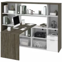 Bestar Gemma 2 Piece Wooden L Shaped Office Set In Walnut Gray And White -CYMAX Sales 2138654 2 L