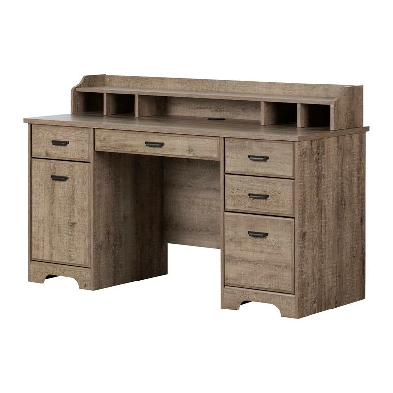 Versa Computer Office Desk With Power Bar-Weathered Oak-South Shore 3 Versa Computer Office Desk With Power Bar-Weathered Oak-South Shore