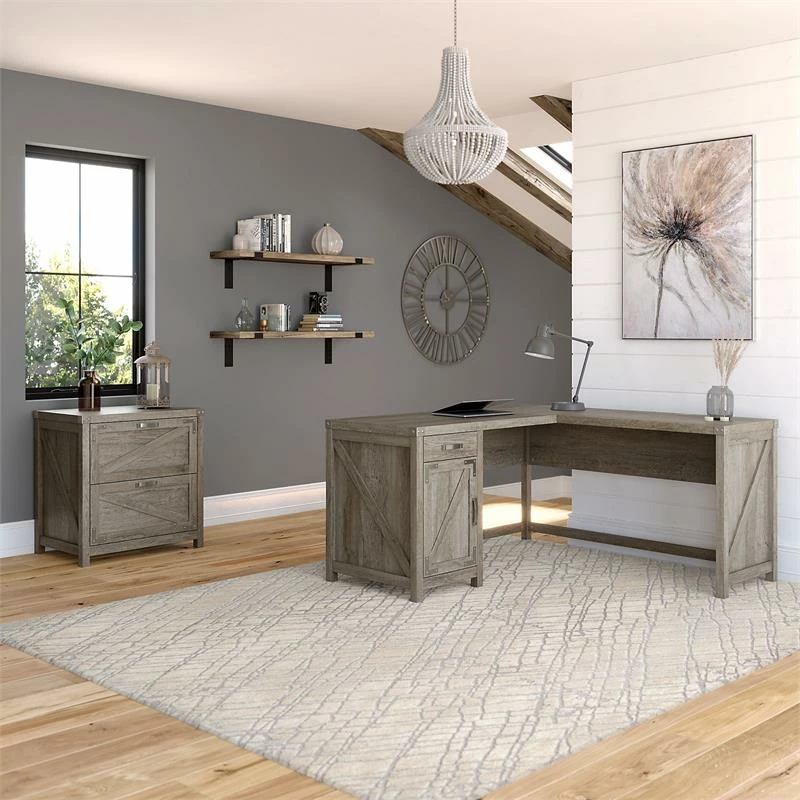 Cottage Grove 60W L Desk With File Cabinet In Restored Gray - Engineered Wood 4 Cottage Grove 60W L Desk With File Cabinet In Restored Gray - Engineered Wood - Image 2
