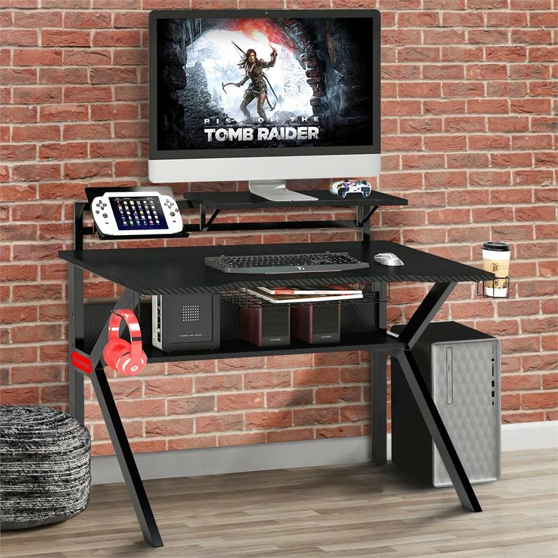The Urban Port 27" Rectangular Modern Metal Gaming Desk With 2 Shelves In Black 4 The Urban Port 27" Rectangular Modern Metal Gaming Desk With 2 Shelves In Black - Image 2