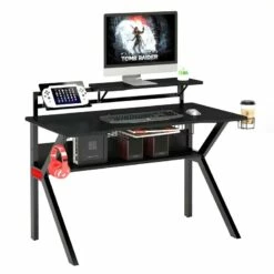 The Urban Port 27" Rectangular Modern Metal Gaming Desk With 2 Shelves In Black 17 The Urban Port 27" Rectangular Modern Metal Gaming Desk With 2 Shelves In Black -CYMAX Sales 2207105 4 L
