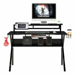 The Urban Port 27" Rectangular Modern Metal Gaming Desk With 2 Shelves In Black 19 The Urban Port 27" Rectangular Modern Metal Gaming Desk With 2 Shelves In Black -CYMAX Sales 2207105 6 L