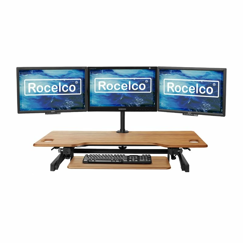 46" Large Adjustable Standing Desk Converter/Triple Monitor Mount Bundle - Teak 4 46" Large Adjustable Standing Desk Converter/Triple Monitor Mount Bundle - Teak - Image 2