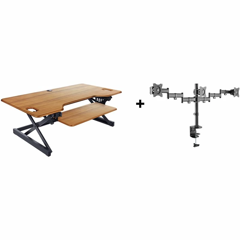46" Large Adjustable Standing Desk Converter/Triple Monitor Mount Bundle - Teak 3 46" Large Adjustable Standing Desk Converter/Triple Monitor Mount Bundle - Teak