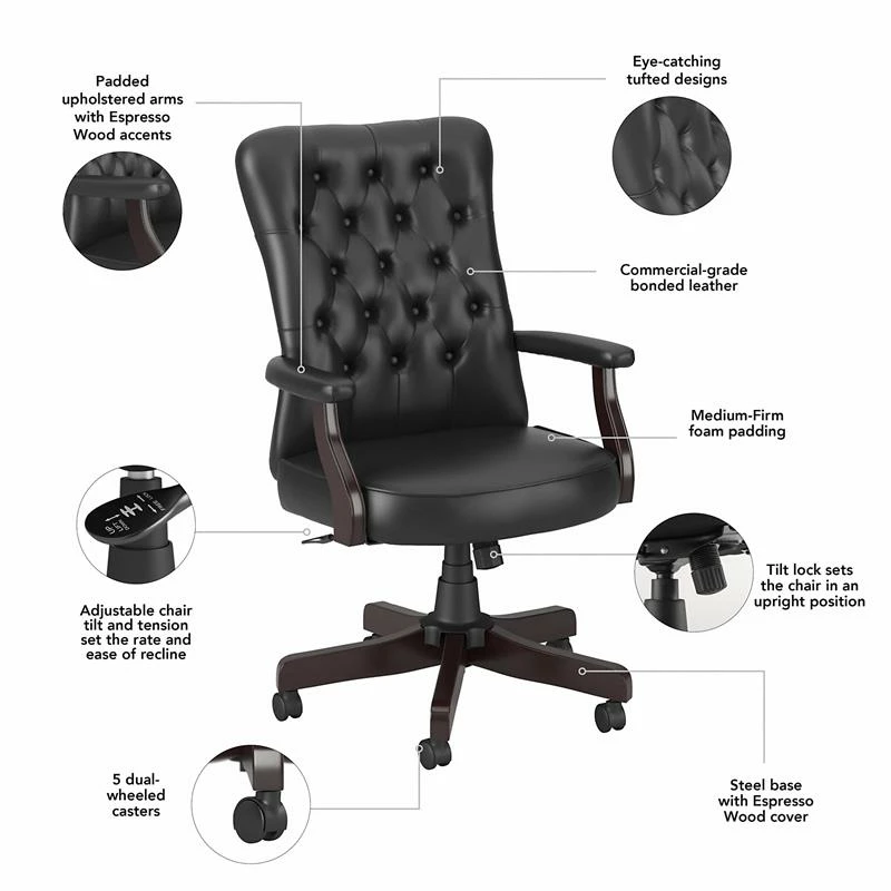 Salinas High Back Tufted Office Chair With Arms In Black Leather 12 Salinas High Back Tufted Office Chair With Arms In Black Leather - Image 10