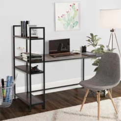 Modern Walnut Computer Desk With Shelves Made From Particle Board Wood -CYMAX Sales 2250812 1 L