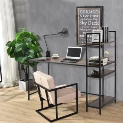 Modern Walnut Computer Desk With Shelves Made From Particle Board Wood -CYMAX Sales 2250812 6 L