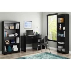 South Shore Axess Small Desk With Drawers And 5-Shelf Bookcase Set In Pure Black -CYMAX Sales 2253036 2 L