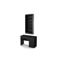 South Shore Axess Small Desk With Drawers And 5-Shelf Bookcase Set In Pure Black