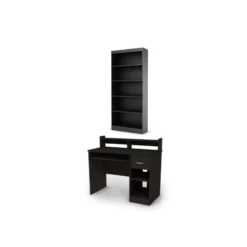 South Shore Axess Desk With Keyboard Tray And 5-Shelf Bookcase Set In Pure Black