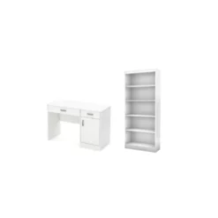 South Shore Axess Small Desk With Drawers And 5-Shelf Bookcase Set In Pure White