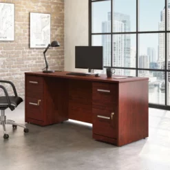 Sauder Affirm 72" X 24" Shell And Two 2-Drawer Mobile File Cabinets In Cherry -CYMAX Sales 2275146 2 L