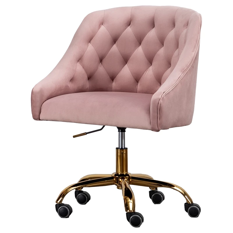 Pink Tufted Velvet Swivel Task Chair With Gold Base With Wheels 3 Pink Tufted Velvet Swivel Task Chair With Gold Base With Wheels