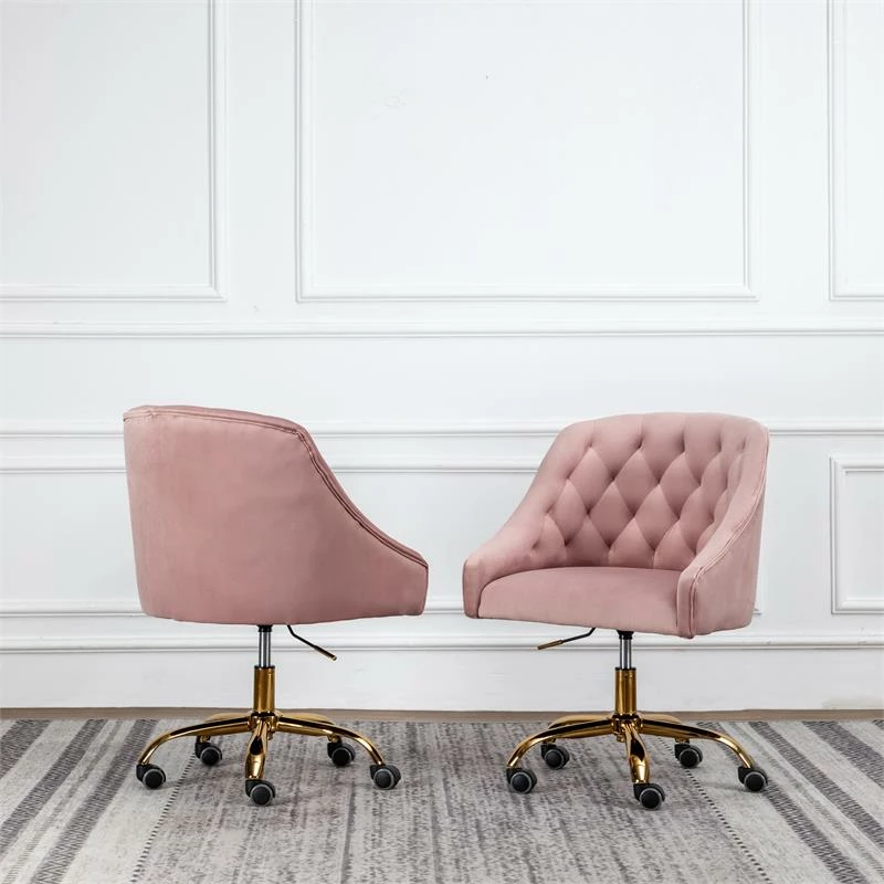 Pink Tufted Velvet Swivel Task Chair With Gold Base With Wheels 4 Pink Tufted Velvet Swivel Task Chair With Gold Base With Wheels - Image 2