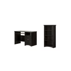 South Shore Gascony Desk And 4-Shelf Bookcase Set In Rubbed Black Finish