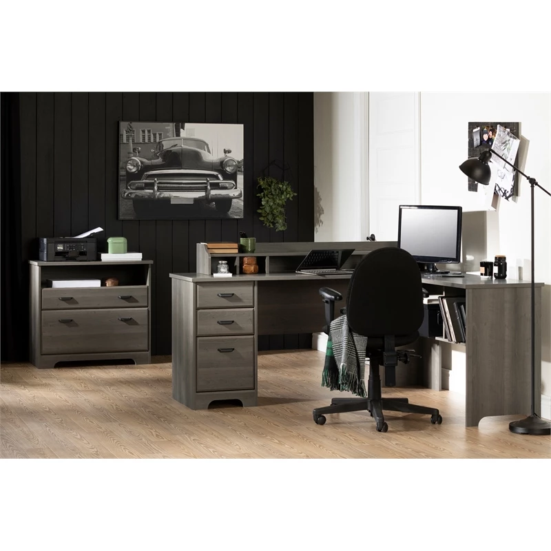 South Shore Versa Desk With Hutch And 2-Drawer File Cabinet Set In Gray Maple 4 South Shore Versa Desk With Hutch And 2-Drawer File Cabinet Set In Gray Maple - Image 2