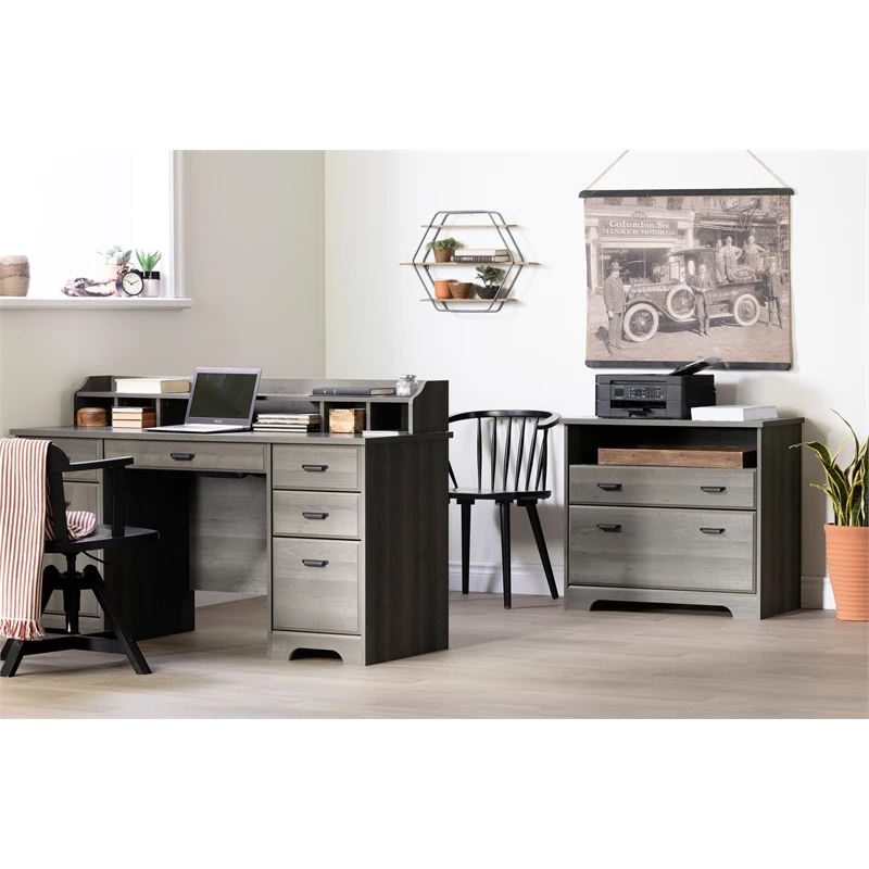South Shore Versa Desk With Hutch And 2-Drawer File Cabinet Set In Gray Maple 5 South Shore Versa Desk With Hutch And 2-Drawer File Cabinet Set In Gray Maple - Image 3