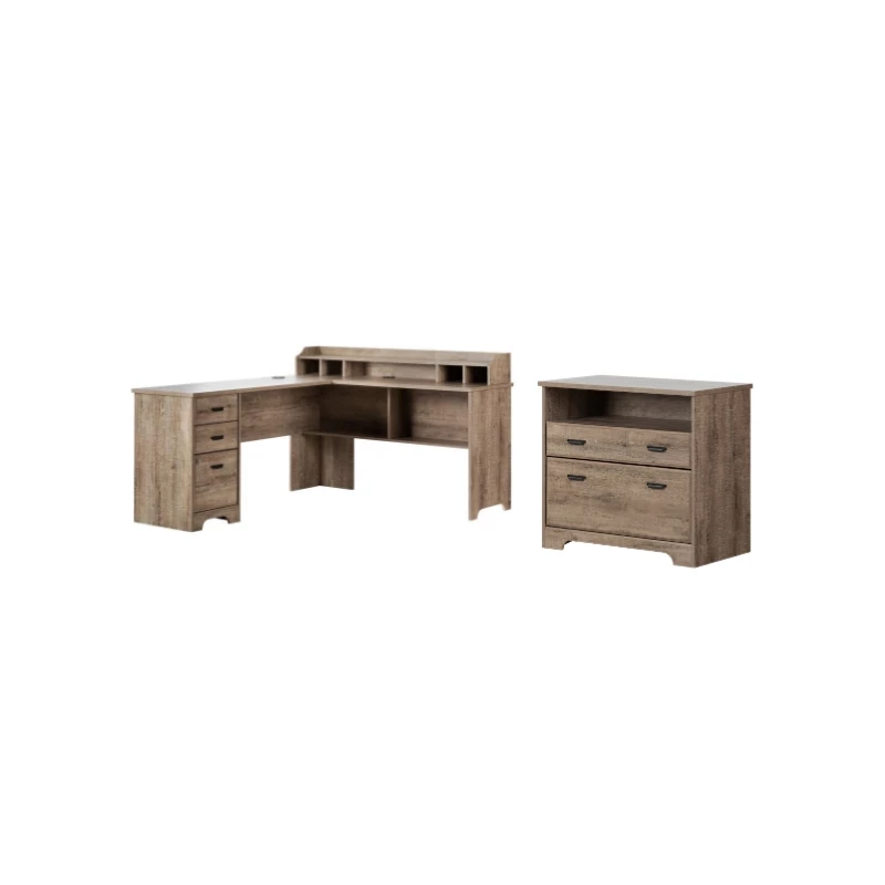 South Shore Versa L-Shaped Desk And 2-Drawer File Cabinet Set In Weathered Oak 3 South Shore Versa L-Shaped Desk And 2-Drawer File Cabinet Set In Weathered Oak