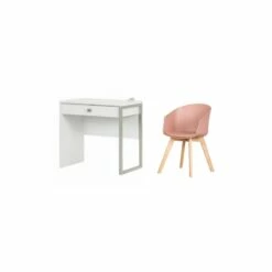 South Shore Interface Pure White Desk And 1 Flam Pink Chair With Wooden Legs Set