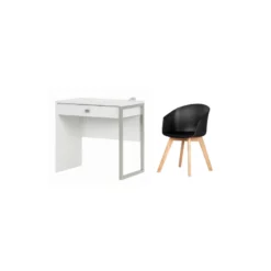 South Shore Interface Pure White Desk & 1 Flam Black Chair With Wooden Legs Set