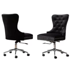 Swivel Office Chair In Black Velvet With Stainless Steel And Tufted Seat