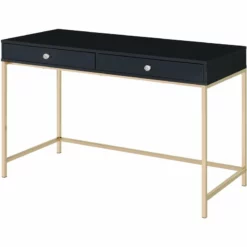 ACME Ottey Wooden 2-Drawer Writing Desk In Black High Gloss And Gold Finish