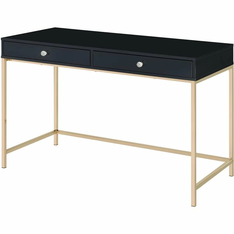 ACME Ottey Wooden 2-Drawer Writing Desk In Black High Gloss And Gold Finish 3 ACME Ottey Wooden 2-Drawer Writing Desk In Black High Gloss And Gold Finish