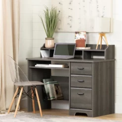 South Shore Versa Gray Maple Desk And 1 Flam Black Chair With Wooden Legs Set -CYMAX Sales 2297488 2 L