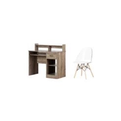 South Shore Axess Weathered Oak Desk With Tray & 1 Annexe White Eiffel Chair Set