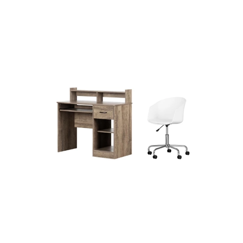 South Shore Axess Weathered Oak Desk With Tray & 1 Flam White Swivel Chair Set 3 South Shore Axess Weathered Oak Desk With Tray & 1 Flam White Swivel Chair Set
