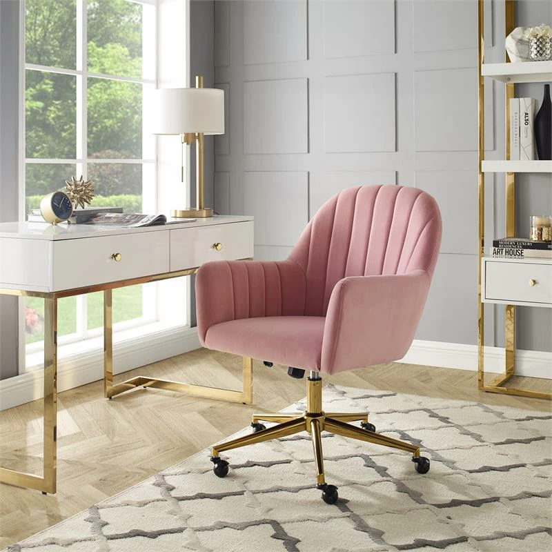 Channeled Back Office Chair In Blush Pink Velvet 4 Channeled Back Office Chair In Blush Pink Velvet - Image 2
