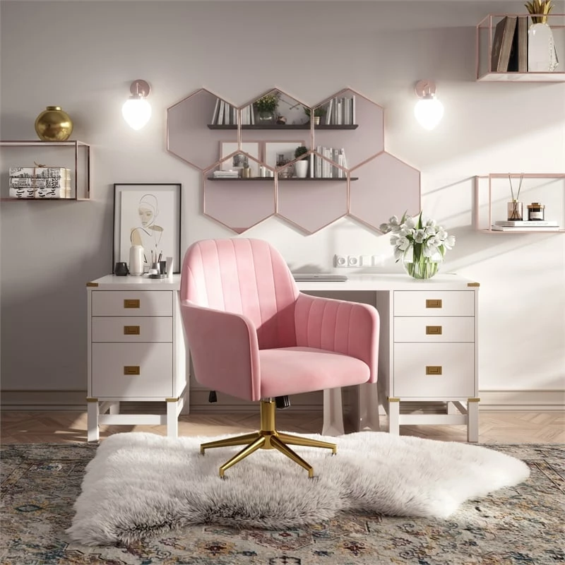 Channeled Back Office Chair In Blush Pink Velvet 10 Channeled Back Office Chair In Blush Pink Velvet - Image 8
