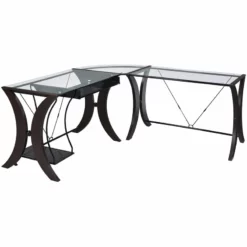 Sophisticated 3 Piece Desk Set With Glass Top In Clear And Brown