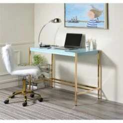 ACME Midriaks Wooden Top Writing Desk With USB Port In Baby Blue And Gold -CYMAX Sales 2395432 3 L 1