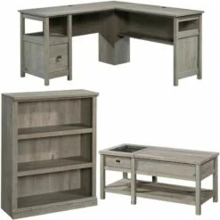 Home Square 3 Piece Set With L Shaped Desk Wood 3-Shelf Bookcase & Coffee Table