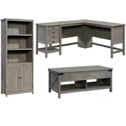 Home Square 3 Piece Set With L-Shape Computer Desk 3-Shelf Bookcase Coffee Table