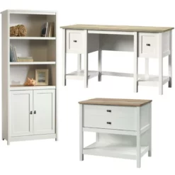 Home Square 3 Piece Set With Desk 3-Shelf Bookcase Filing Cabinet In Soft White