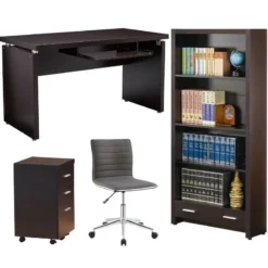 Home Square 4 Piece Set With Bookcase Office Chair Mobile File Cabinet & Desk