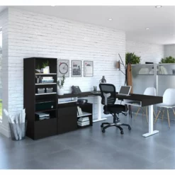 Pemberly Row 72" L-Shaped Standing Desk With Bookcase In Black -CYMAX Sales 2426261 2 L